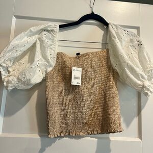 NWT Beige Smocked Top with White Eyelet Sleeves